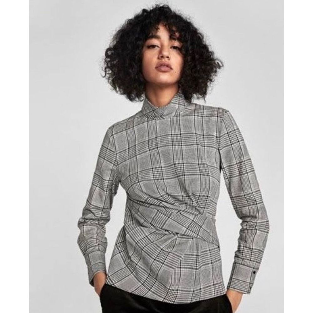 Zara Womens Blouse Top Mock Neck Wrap Check Plaid Draping Stretch Black Size XS